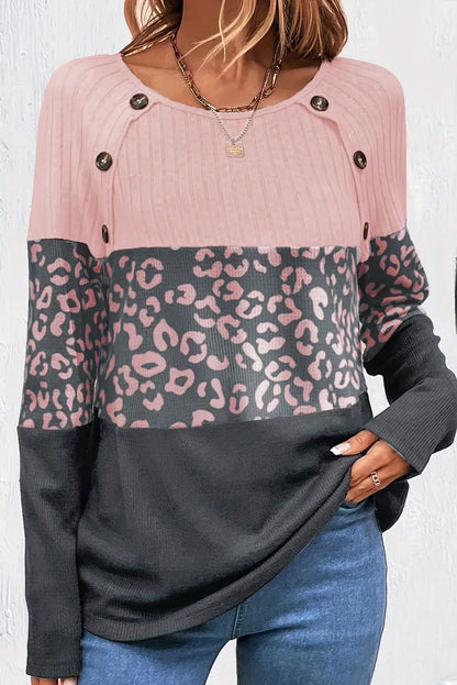 Leopard Color Block Long Sleeve Top - Eclectage