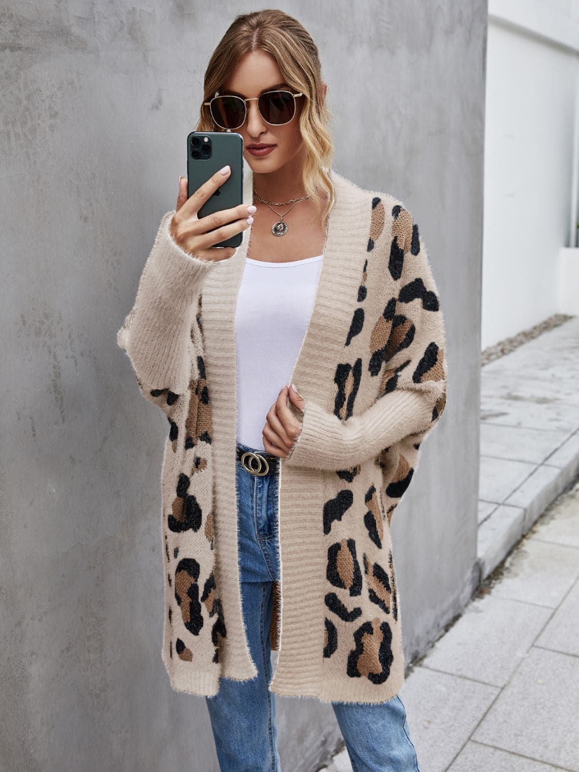 Leopard Pattern Fuzzy Long Cardigan