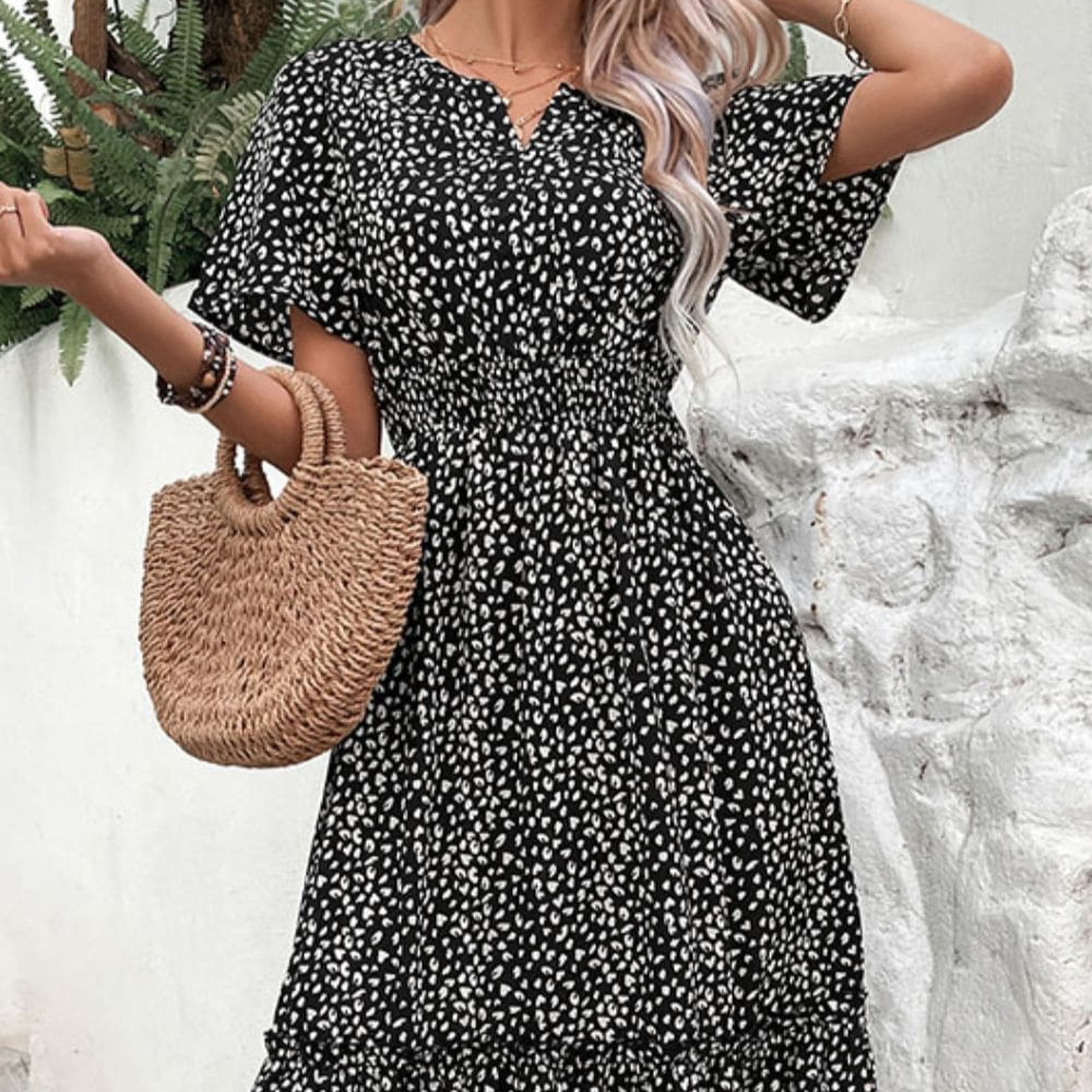 Leopard Print Black Short Sleeve Midi Dress