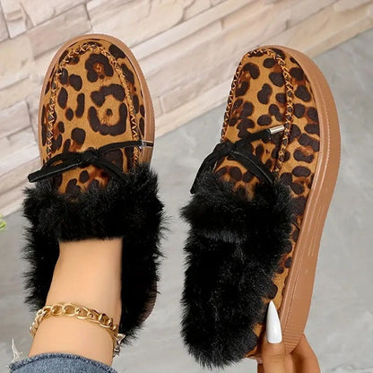 Leopard Print Faux Fur Flat Slippers