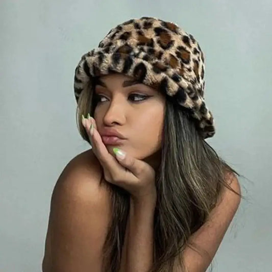 Leopard Print Plush Bucket Hat