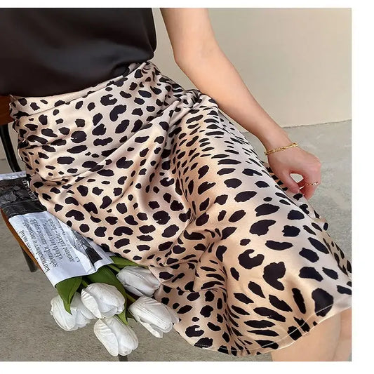 Leopard Print Satin Midi Length Skirt