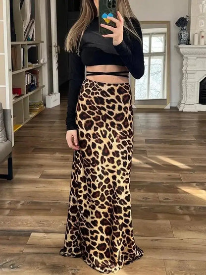 Leopard Print Satin Midi Skirt