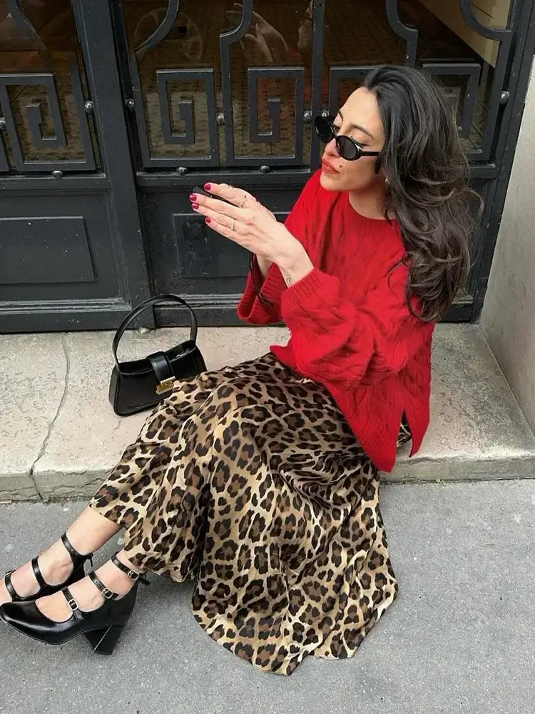 Leopard Print Satin Midi Skirt