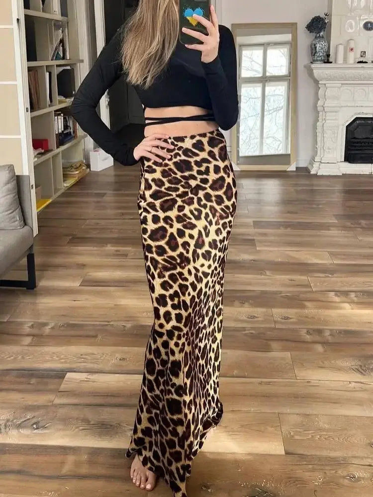 Leopard Print Satin Midi Skirt