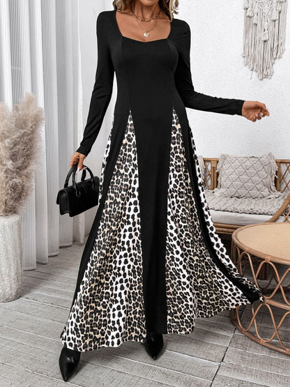 Leopard Square Neck Long Sleeve Maxi Dress