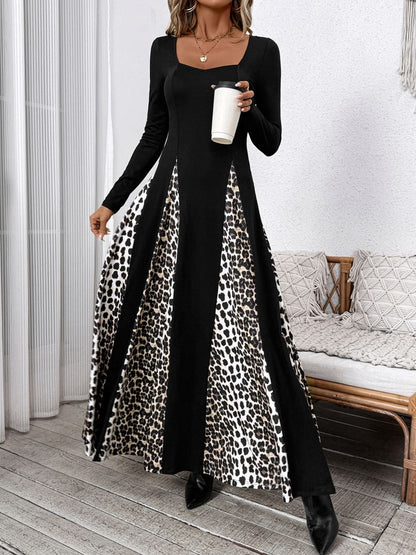 Leopard Square Neck Long Sleeve Maxi Dress