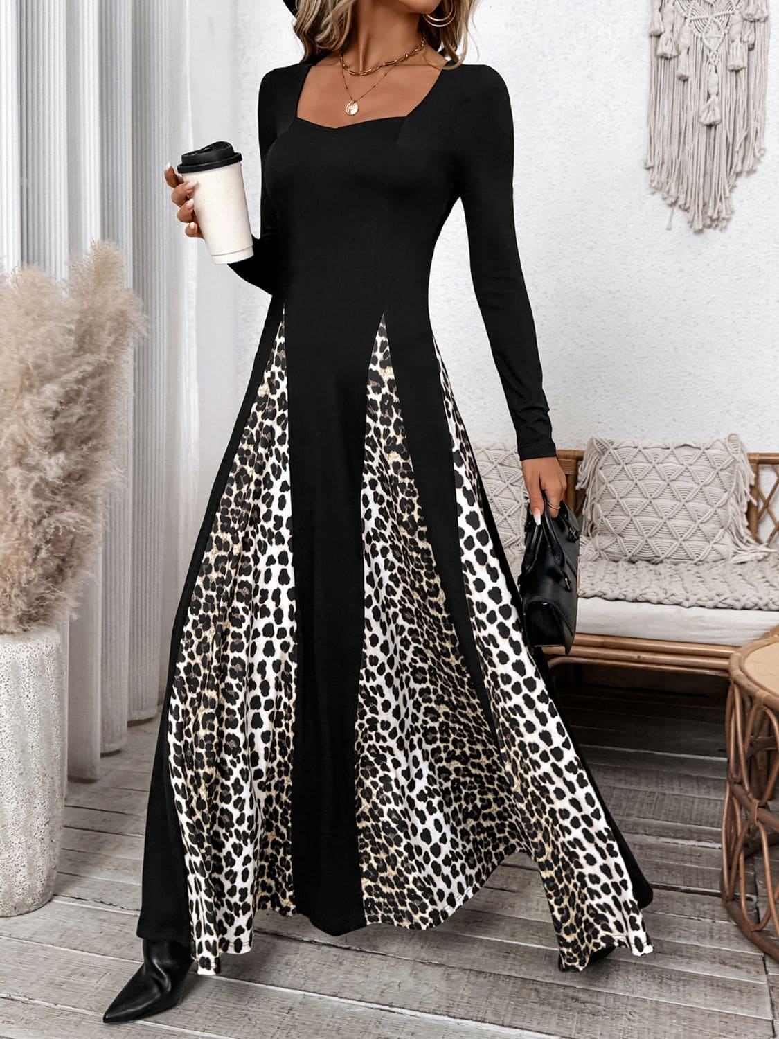 Leopard Square Neck Long Sleeve Maxi Dress