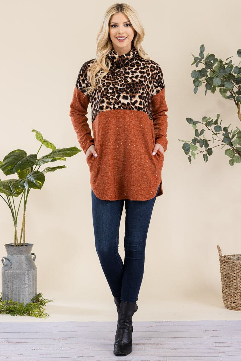 Leopard Turtleneck Long Sleeve Top - Eclectage