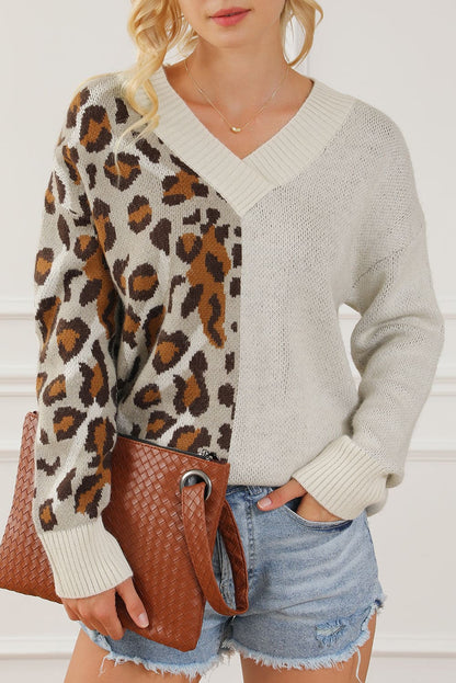 Leopard V Neck Drop Shoulder Sweater