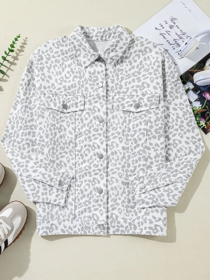 Leopard Button Denim Jacket White - S to XL