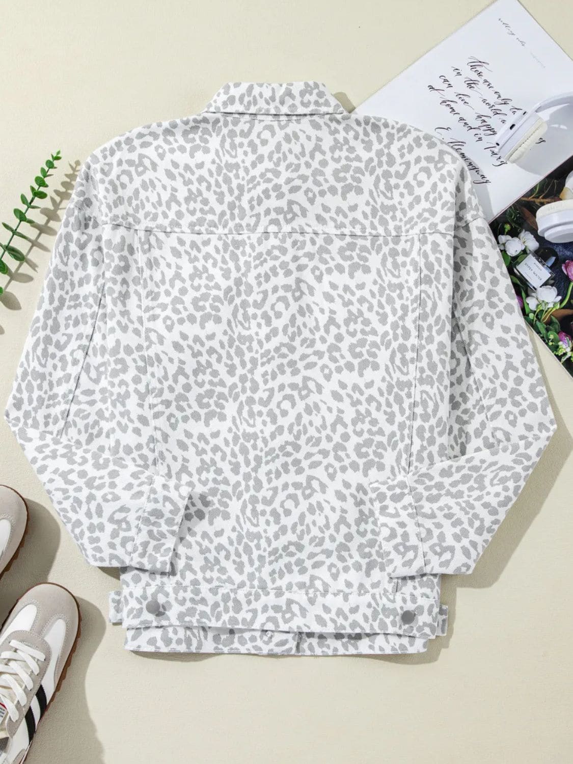 Leopard Button Denim Jacket White - S to XL