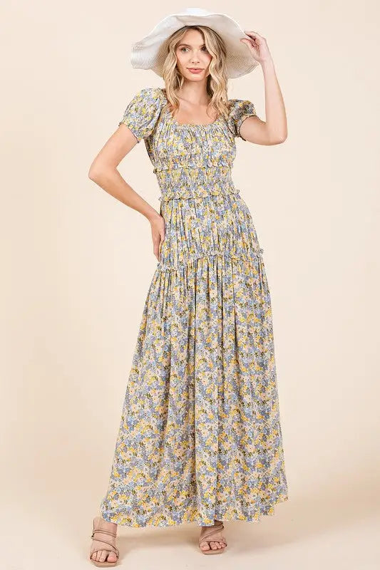 Light Blue Floral Gathered Maxi Dress - Eclectage