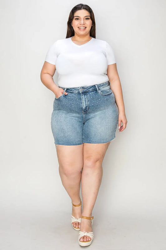 Judy Blue Full Size High Waist Rhinestone Decor Denim Shorts - Eclectage