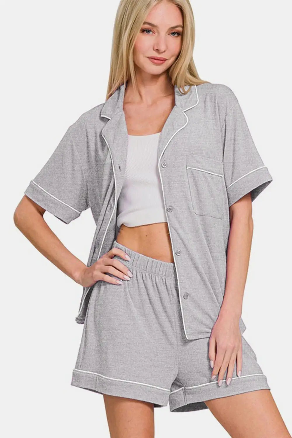 Light Gray Lounging Button Down Top Shorts Set - Loungewear