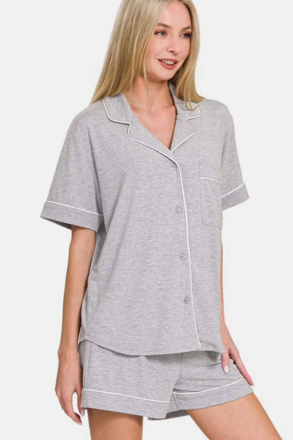 Light Gray Lounging Button Down Top Shorts Set - Loungewear