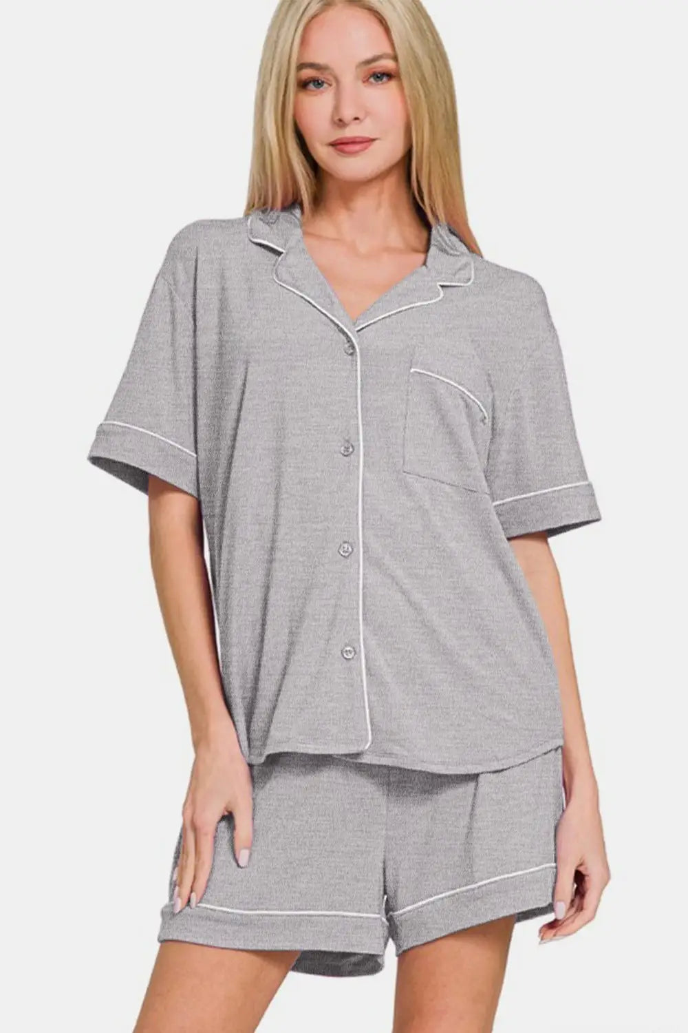 Light Gray Lounging Button Down Top Shorts Set - Loungewear