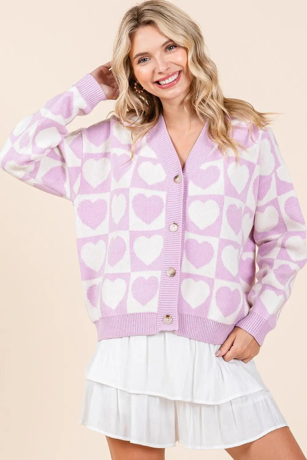 Liliac Checkered Heart Button Down Cardigan - Eclectage