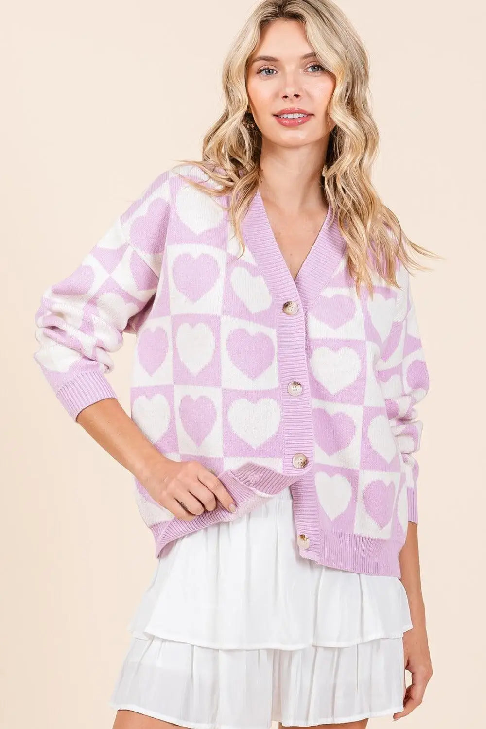 Liliac Checkered Heart Button Down Cardigan - Eclectage