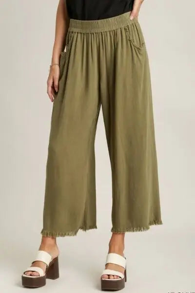 Linen Blend Elastic Wide Leg Pants - Eclectage