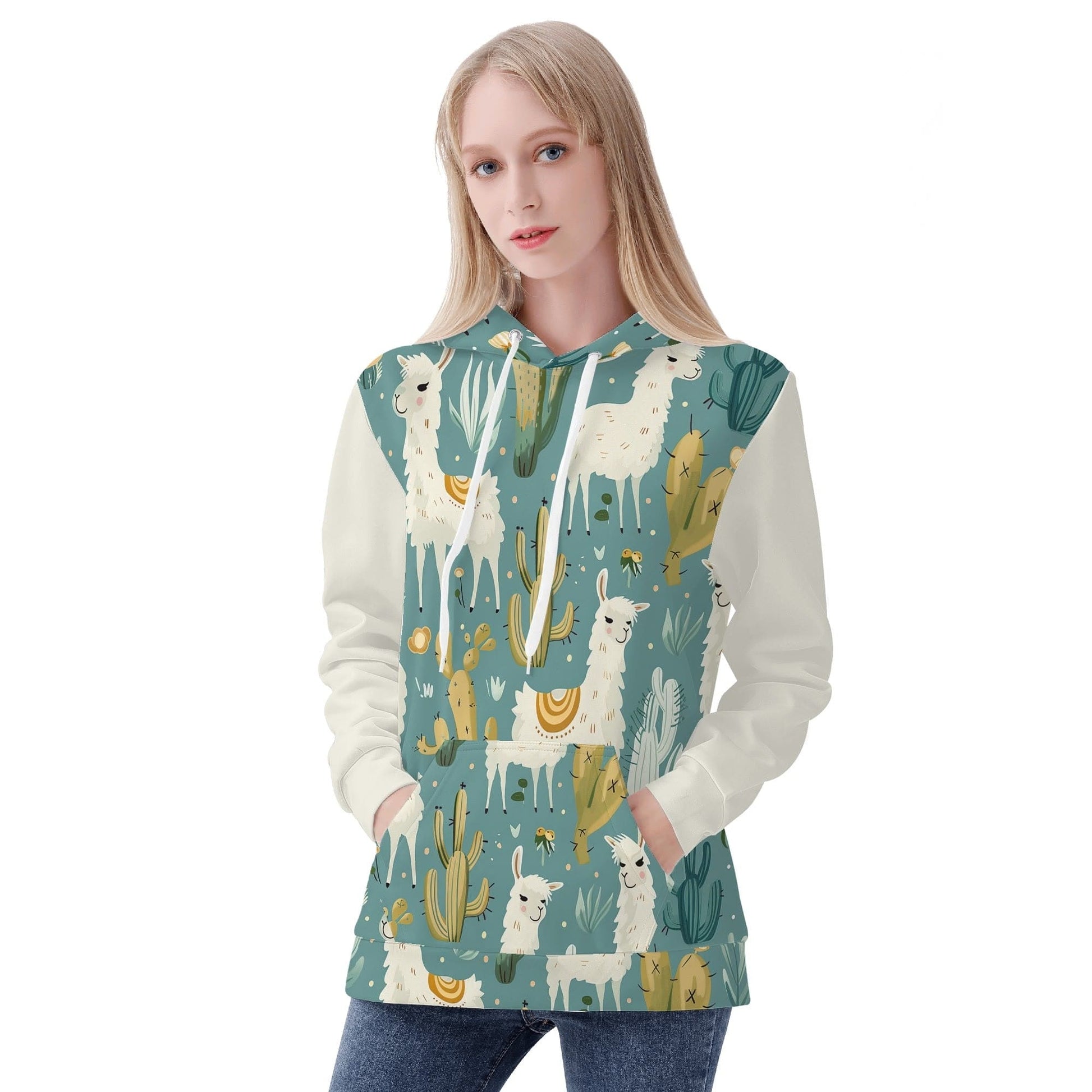 Llama Hoodie Sweatshirt Contrast Sleeves