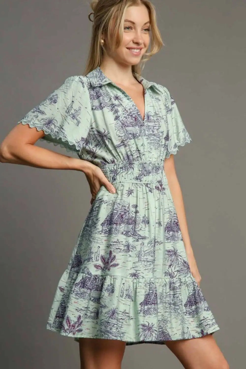 Lt Green Landscape Print Mini Dress - Mini Dresses