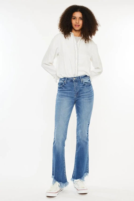 Med Blue High Rise Frayed Hem Jeans - Jeans