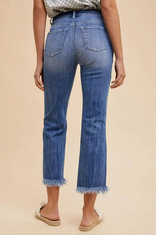 Med Blue Raw Hem Cropped Jeans - Eclectage