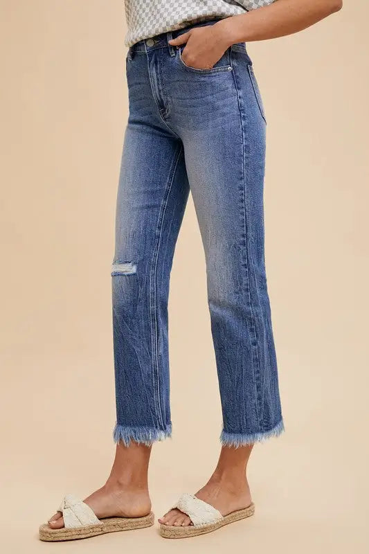 Med Blue Raw Hem Cropped Jeans - Eclectage