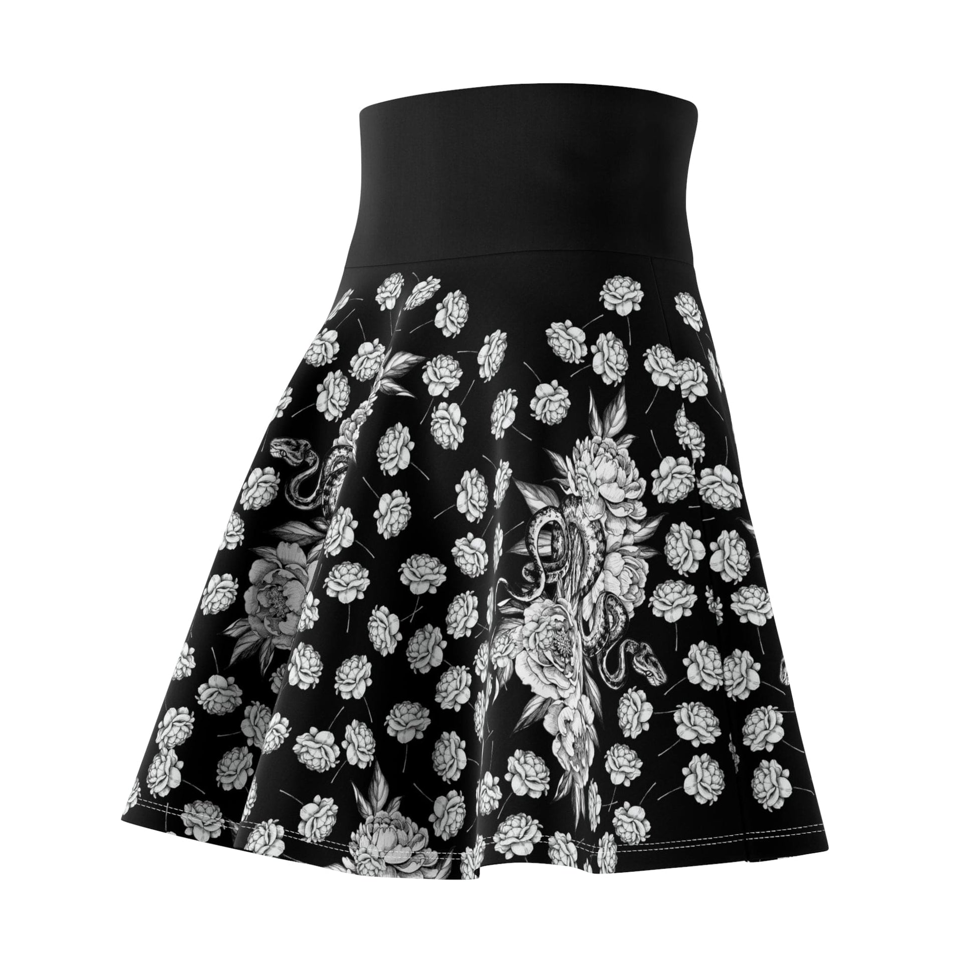 Women’s Mini Skirt with Snakes and Roses on Black Gothic Halloween Dark Nature Themed Skater Style Casual Flare