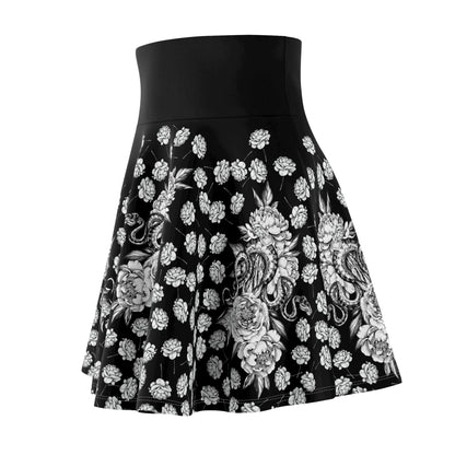 Women’s Mini Skirt with Snakes and Roses on Black Gothic Halloween Dark Nature Themed Skater Style Casual Flare