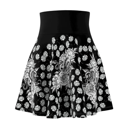 Women’s Mini Skirt with Snakes and Roses on Black Gothic Halloween Dark Nature Themed Skater Style Casual Flare