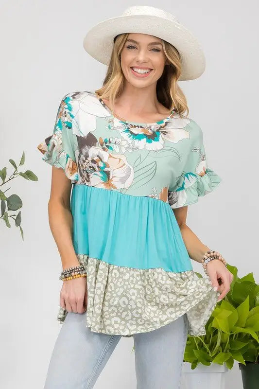 Mint Floral Color Block Ruffled Top - Tops