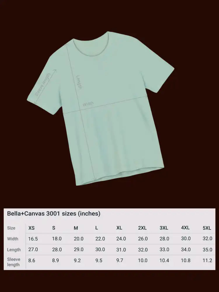 Mint green t-shirt with a size chart below it.