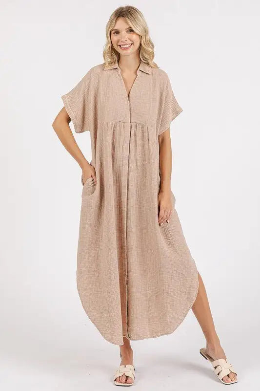 Natural Color Mineral Wash Midi Shirt Dress - Midi Dresses