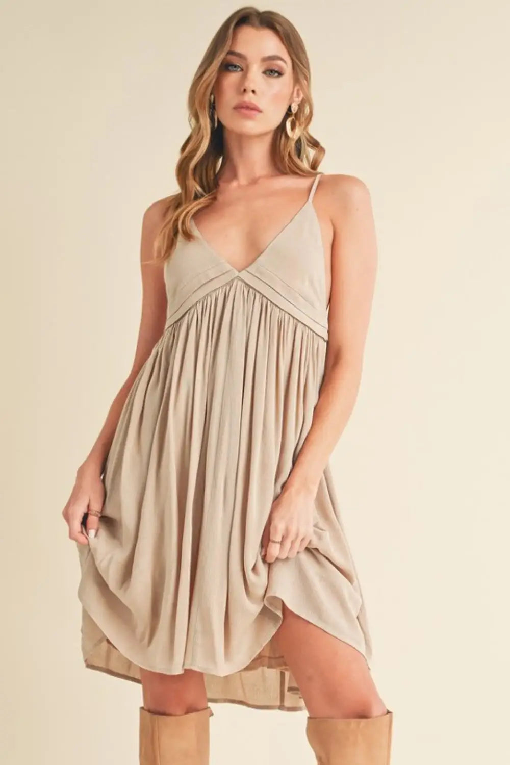Natural Color Ruched Plunge Mini Cami Dress - Mini Dresses