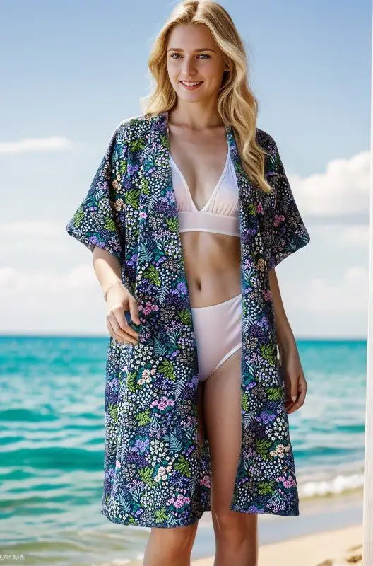 Navy Half Sleeve Floral Kimono - Kimonos