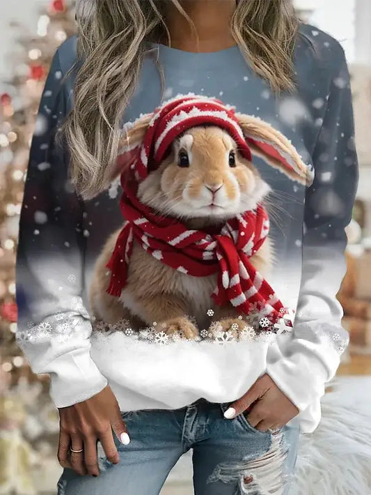 New Christmas Cute Rabbit Printed T-shirt Fashion Animal Dog Cat Pattern Round Neck Long Sleeve cotton T-shirt Casual