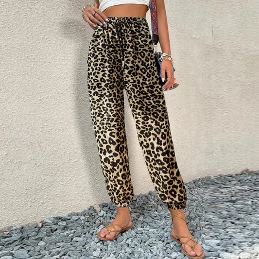 New Summer Casual Fashion Leopard Prints Women Loose Sporty Ninth Length Radish Pants Elastic Drawstring Bloomers