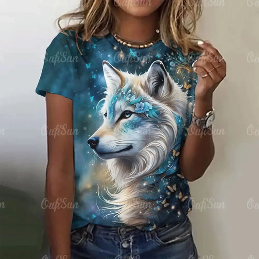 New T-shirt For Women Wolf Print Tees O Neck Loose Short Sleeve Blouse Female Fashion Animal Graphic Tops Harajuku