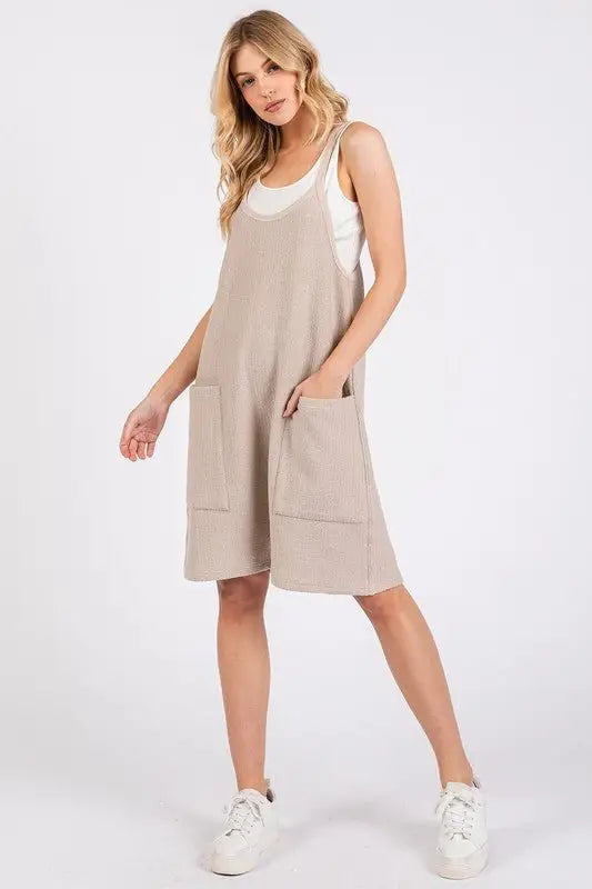 Oatmeal Color Spaghetti Strap Overalls - Overalls