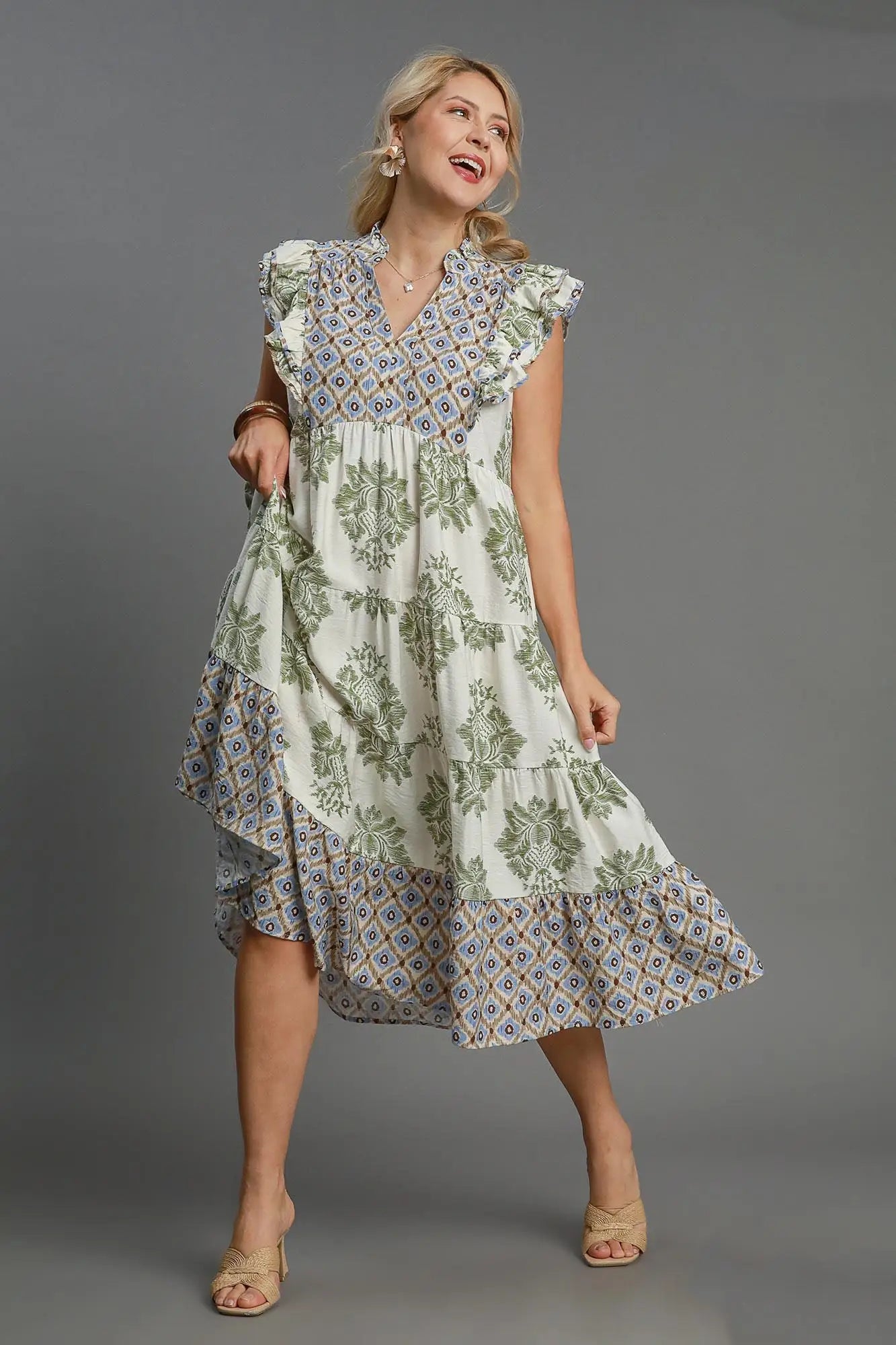 Umgee Full Size Mixed Print Ruffle Cap Sleeve Midi Dress Plus Size - Eclectage