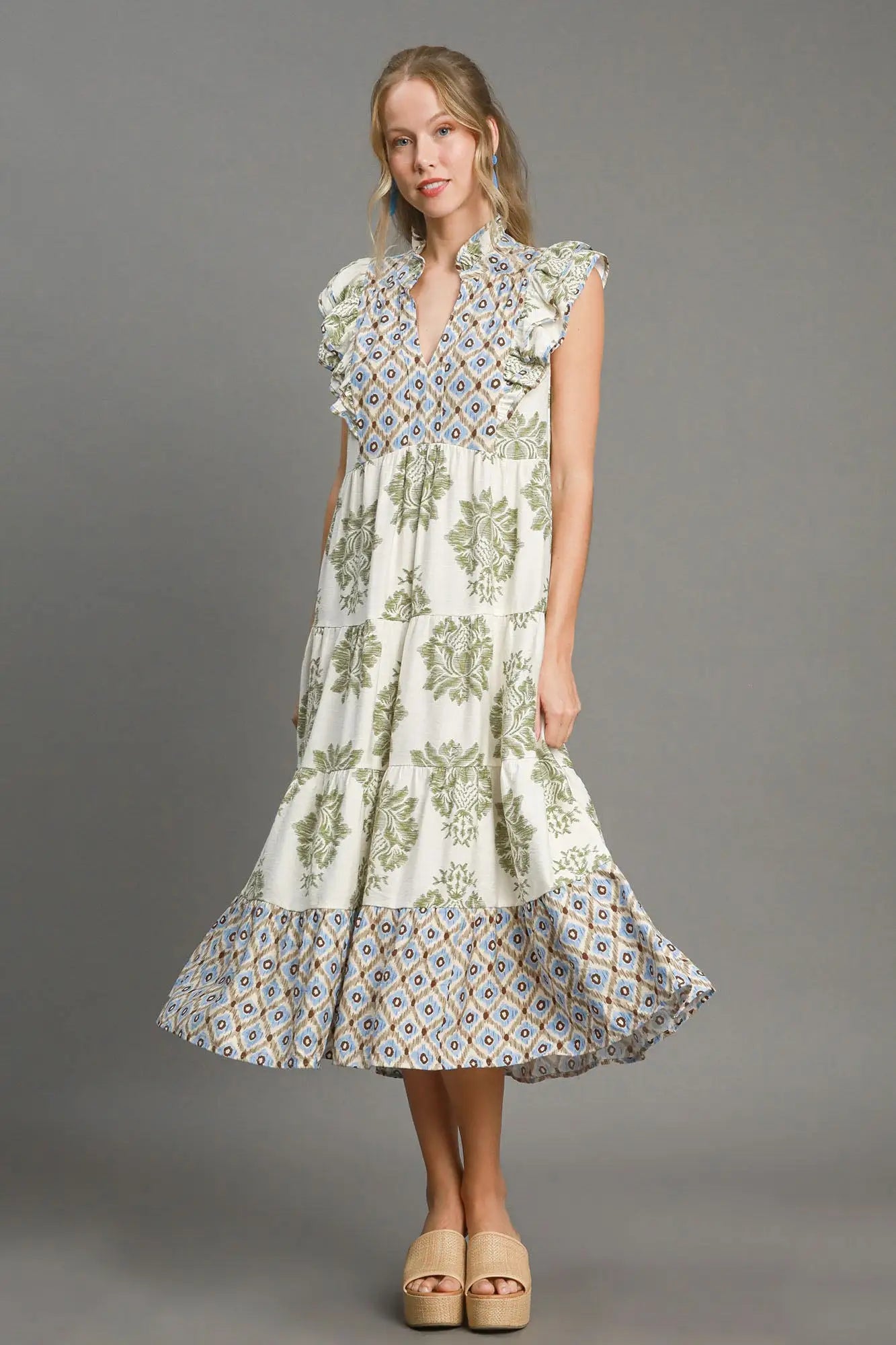 Umgee Full Size Mixed Print Ruffle Cap Sleeve Midi Dress Plus Size - Eclectage