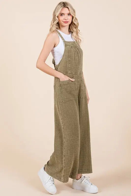 Olive Textured Wide Leg Overalls - Overalls