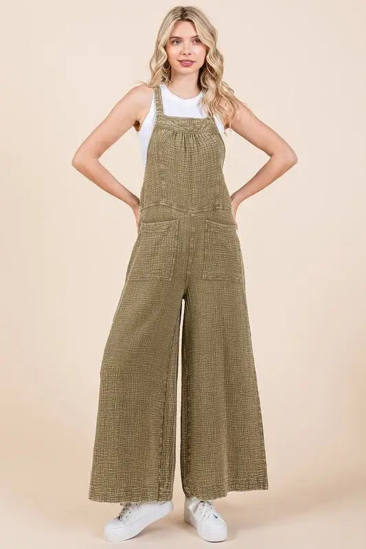 Olive Textured Wide Leg Overalls - Overalls