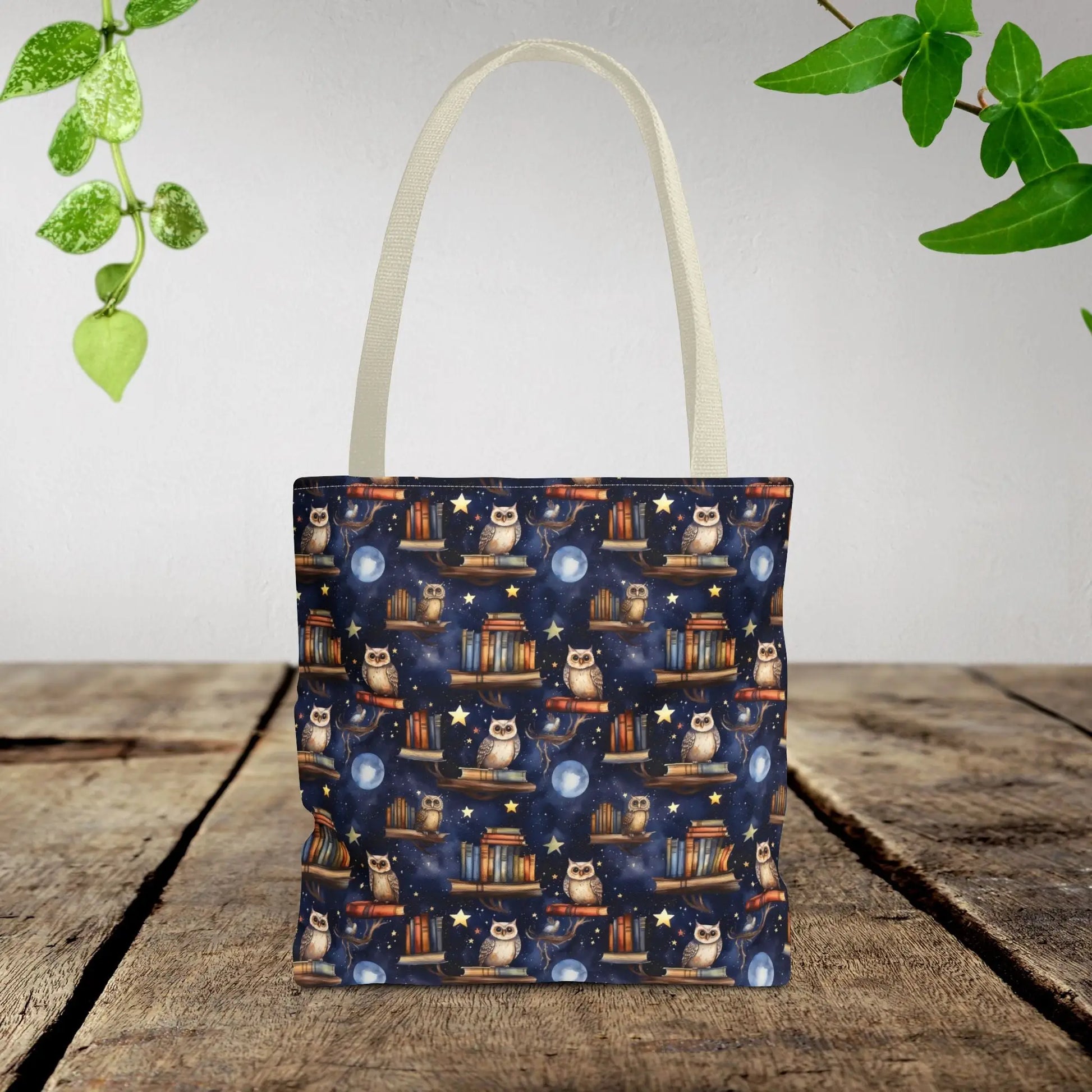 Owls and Books Tote Bag 13’’ × 13’’ / Beige Tote Bags