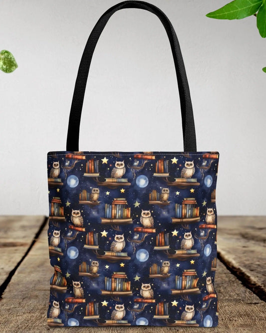Owls and Books Tote Bag 13’’ × 13’’ / Black Tote Bags