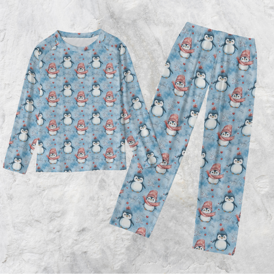 Penguins Print Raglan Sleeve Long Pajamas