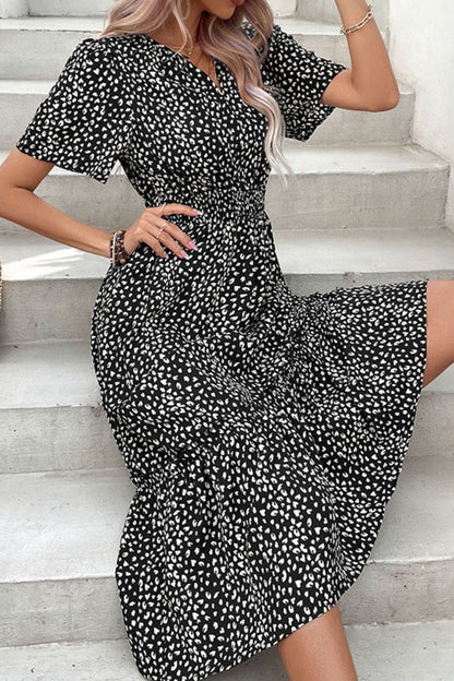 Perfee Leopard Print Short Sleeve Midi Dress