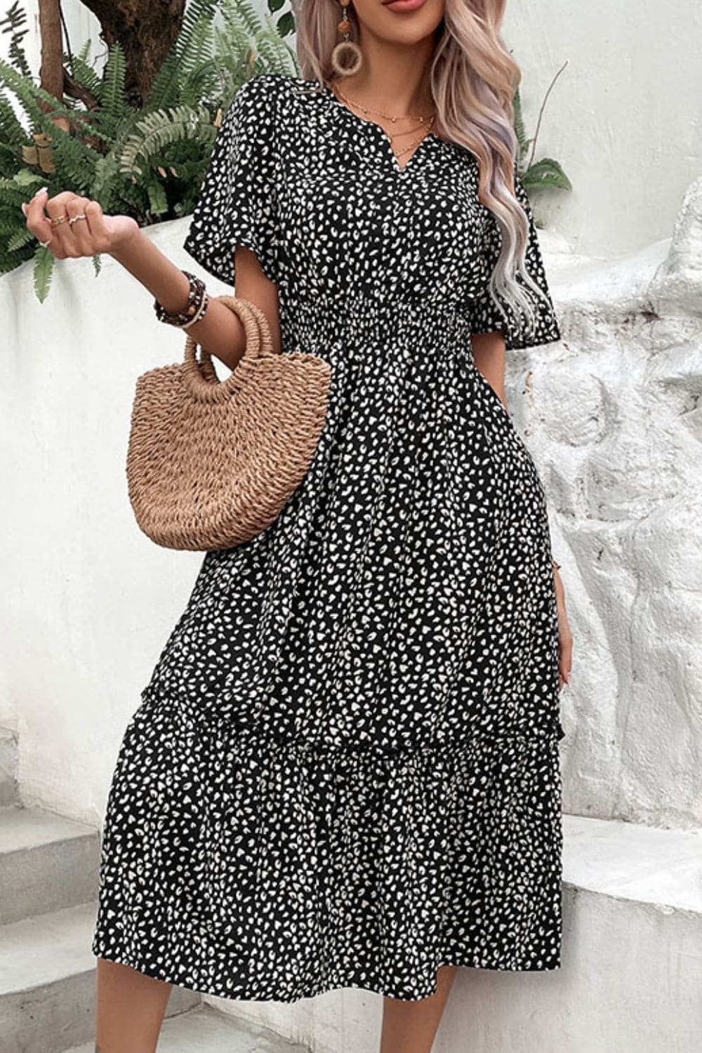 Perfee Leopard Print Short Sleeve Midi Dress